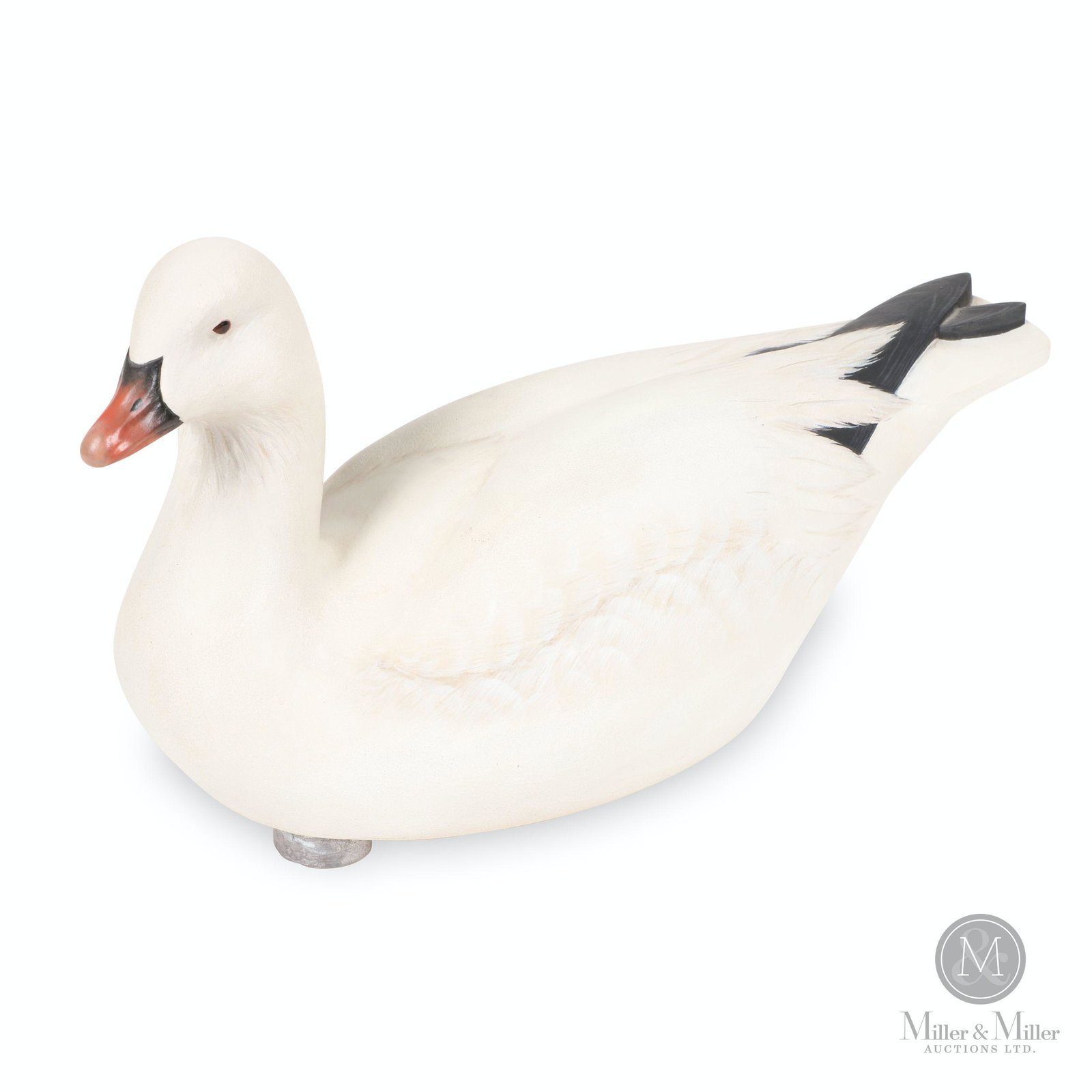 Ian Crokam, Carved Snow Goose Decoy: Canadian. 1994. Painted, carved wood with applied lead weights. Floating category. Multiple competition award winner. Stamped, "I & J Crokam" underside. Applied label marked, "Ross' Goose Snow - Best 