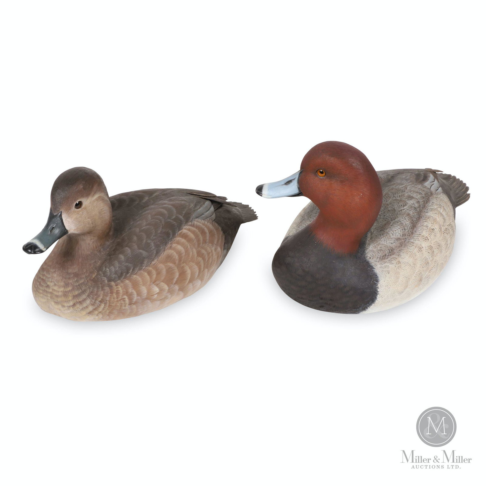 Ian Crokam, Redhead Hen & Drake Decoys: Two (2). Canadian. 1980s. Painted carved basswood. Each marked, "The Call of the Loon Decoys Ltd., Shanty Bay, Ontario, Ian & Joanne Crokam". 12 to 12.5" (l). CODE-DCOY