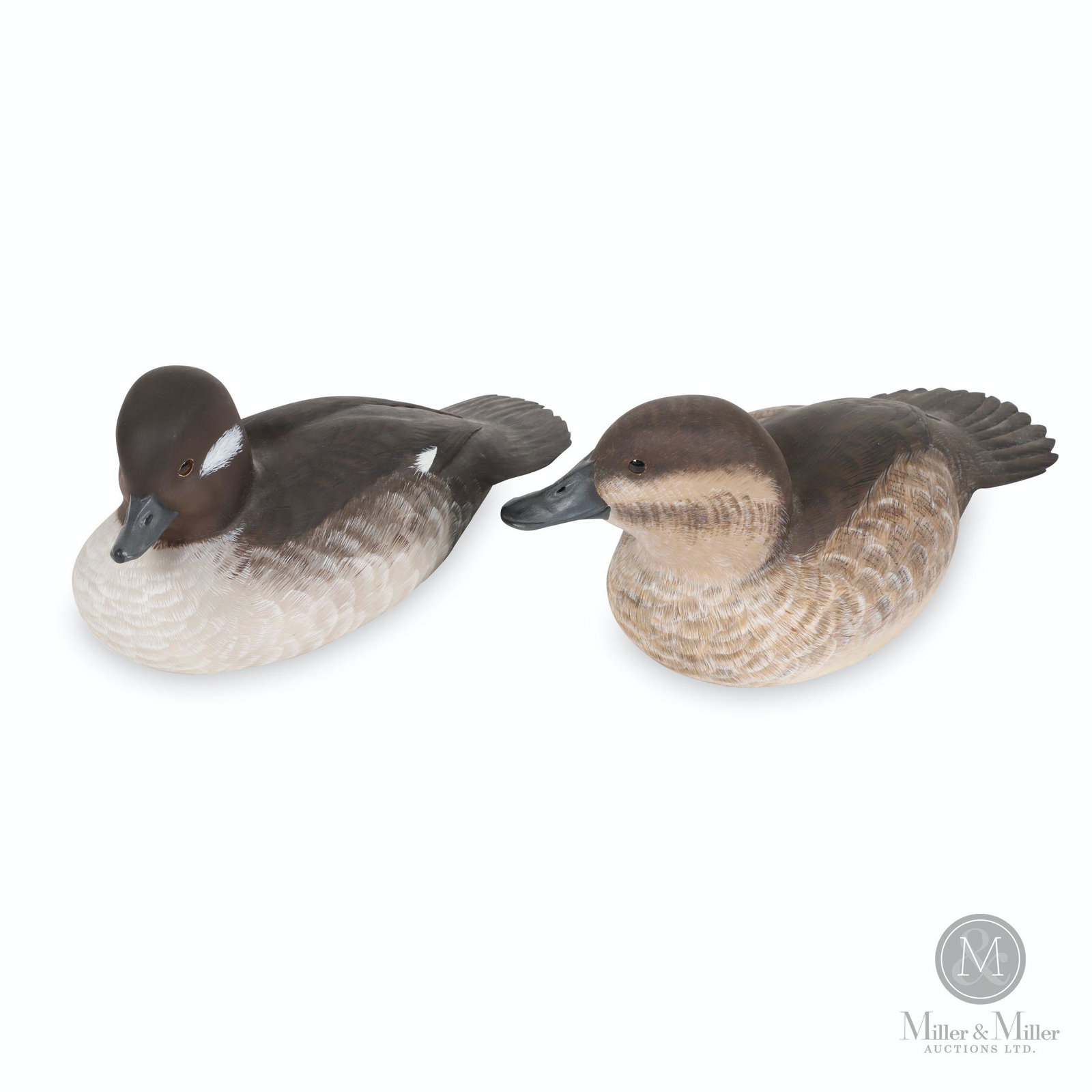 Ian Crokam, Bufflehead & Ruddy Duck Hen Decoys: Two (2). Canadian. 1989. Painted carved basswood. Each marked, "The Call of the Loon Decoys Ltd., Shanty Bay, Ontario, Ian & Joanne Crokam". 9.5 to 10" (l). CODE-DCOY