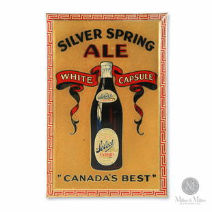 Silver Spring Brewery White Capsule Ale Sign: Canadian. 1930s. Lithographed tin over cardboard. Features smaltz (applied sand) background. Stamped, "Manufactured by St. Thomas Metal Signs Ltd, St. Thomas Ont", rear. 17.25 x 11.5".