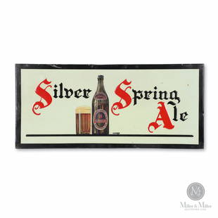 Silver Spring Brewery Ale Tin Litho Sign: Canadian. 1930s. Single-sided embossed lithographed tin. 8.75 x 19.5". Exhibits minor creases and surface losses from extreme edges.