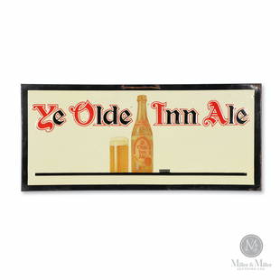 Kuntz 'Ye Olde Inn Ale' Tin Litho Sign: Canadian. 1930s. Single-sided embossed lithographed tin. 8.75 x 19.5". Exhibits surface fade, mostly within the bottle graphic.