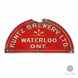 Kuntz Brewery, Waterloo Tin Litho Keg Tag: Canadian. 1910s. Single-sided embossed lithographed tin. Rare. 3 x 6.5". Exhibits material loss at upper edge, surface losses surrounding mounting holes. Scattered creases and minor oxidation.