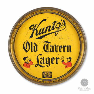 Kuntz Brewery Old Tavern Lager Beer Tray: Canadian. 1930s. Lithographed tin. Marked, "St. Thomas Metal Signs LTD.", lower inner rim. 13" (diam) x 1.5" (D). Exhibits minor scattered surface oxidation.