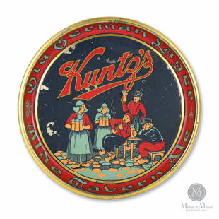 Kuntz Old German Lager Beer Tray: Canadian. 1930s. Lithographed tin. Marked, "St. Thomas Metal Signs LTD.", lower inner rim. 13" (diam) x 1.25" (D). Exhibits minor to moderate surface loss and minor overpaint.