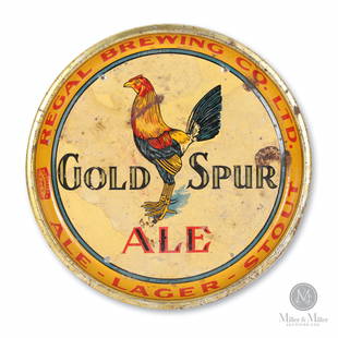 Regal Brewery 'Gold Spur Ale' Beer Tray: Canadian. 1930s. Lithographed tin. Marked, "St. Thomas Metal Signs LTD.", lower inner rim. 13" (diam) x 1.25" (D). Exhibits moderate surface losses, patches of fade. Three patches of oxidation.