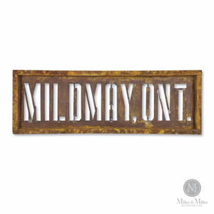 Lobsinger Bros. "Mildmay" Tailings Elevator Stencil: Canadian. 1940s. Stamped tin, wood frame. Used in Lobsinger Brothers Threshing Machine Factory in Mildmay Ontario from 1949-1960 for stenciling tailings elevators. 10.5 x 30.5". Exhibits uniform