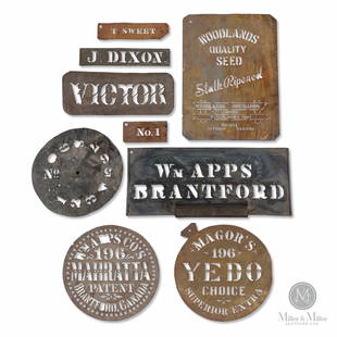 Brantford Crate Stencils: Seven (7). Canadian. 1910s. Stamped tin. Stamped, "Hamilton Stencil and Stamp Wks". "Magor's 196 YEDO Choice Superior Extra, Wm. APPS CO's Brantford Ont" 6" to 21" (L). Circular stencils 16" (diam).