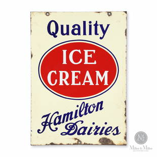 Hamilton Dairies Ice Cream Porcelain Sign: Canadian. 1930s. Two sided porcelain. Rare. 28 x 20". Exhibits minor to moderate porcelain losses, mostly from edges. Minor uniform oxidation.