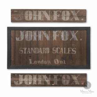 John Fox Scales, London, Ontario Trade Signs: Three (3). Canadian. 1870s. Painted Single-sided wood. John Fox Scales (London Ontario) was a manufacturer of railroad, hay and platform scales. It was succeeded by The London Scale Works. 26.5 x 52