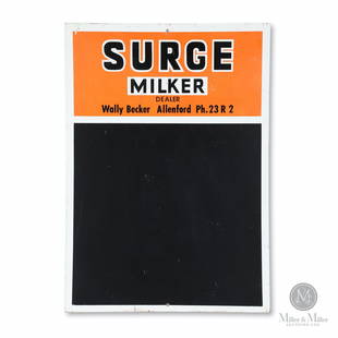 Surge Milker Dealer Tin Litho Chalkboard: Canadian. 1950s. Single-sided lithographed tin. 27.5 x 19.5". Exhibits minor edge wear and scattered surface scratches.