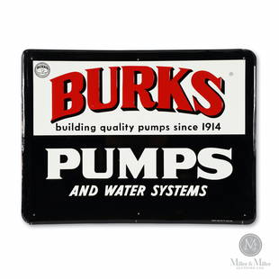 Burks Pumps Tin Litho Sign: Embossed, lithographed tin. Marked "Stout Sign Co., St. Louis MO, lower edge. 23" x 17.25". Minor wear at edges. New old stock with original wax paper.