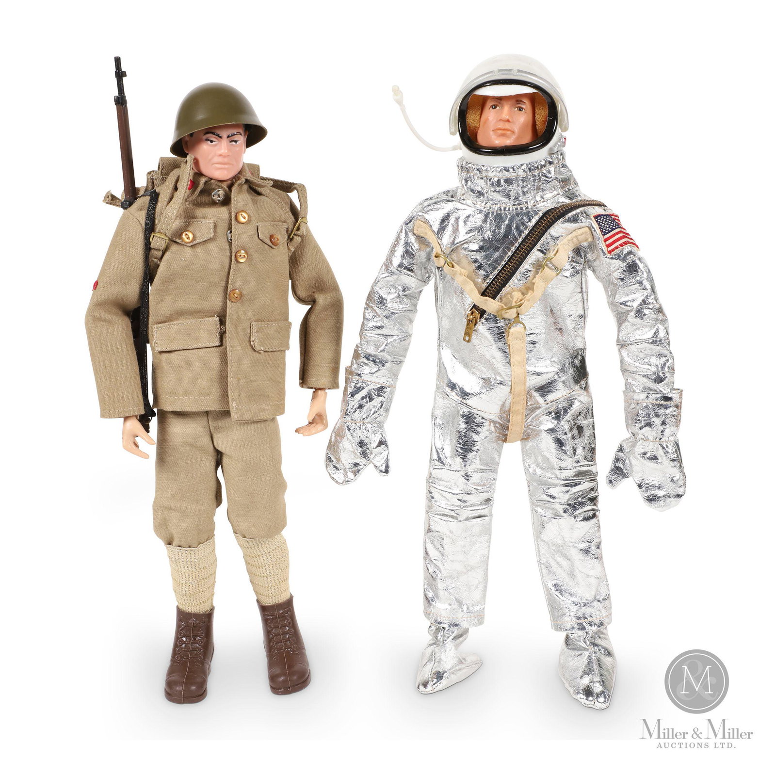 Hasbro GI Joe Action Figures: Two (2). American. 1960s. Plastic, rubber. Includes two dressed figures, one Japanese soldier and one space Joe. Figures 11.5" (H).