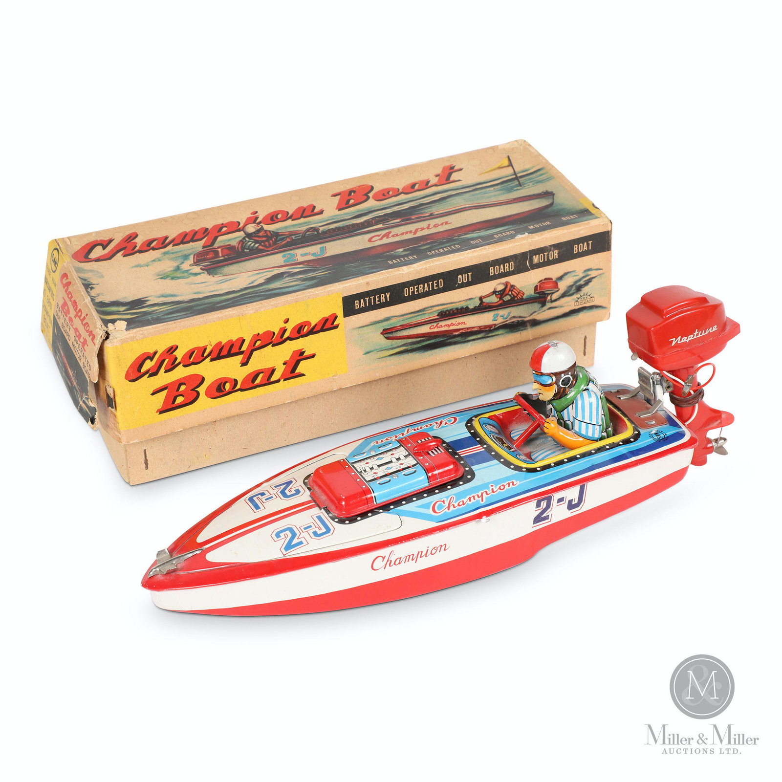 Masusan 'Champion Boat' Tin Litho Toy: Japanese. 1950s. Lithographed tin, plastic motor. Features detachable battery-operated outboard motor. Marked, "Marusan Toys No. 3811 Champion Boat Made in Japan", box and toy. Box 10.5 x 3.75 x 3.75"