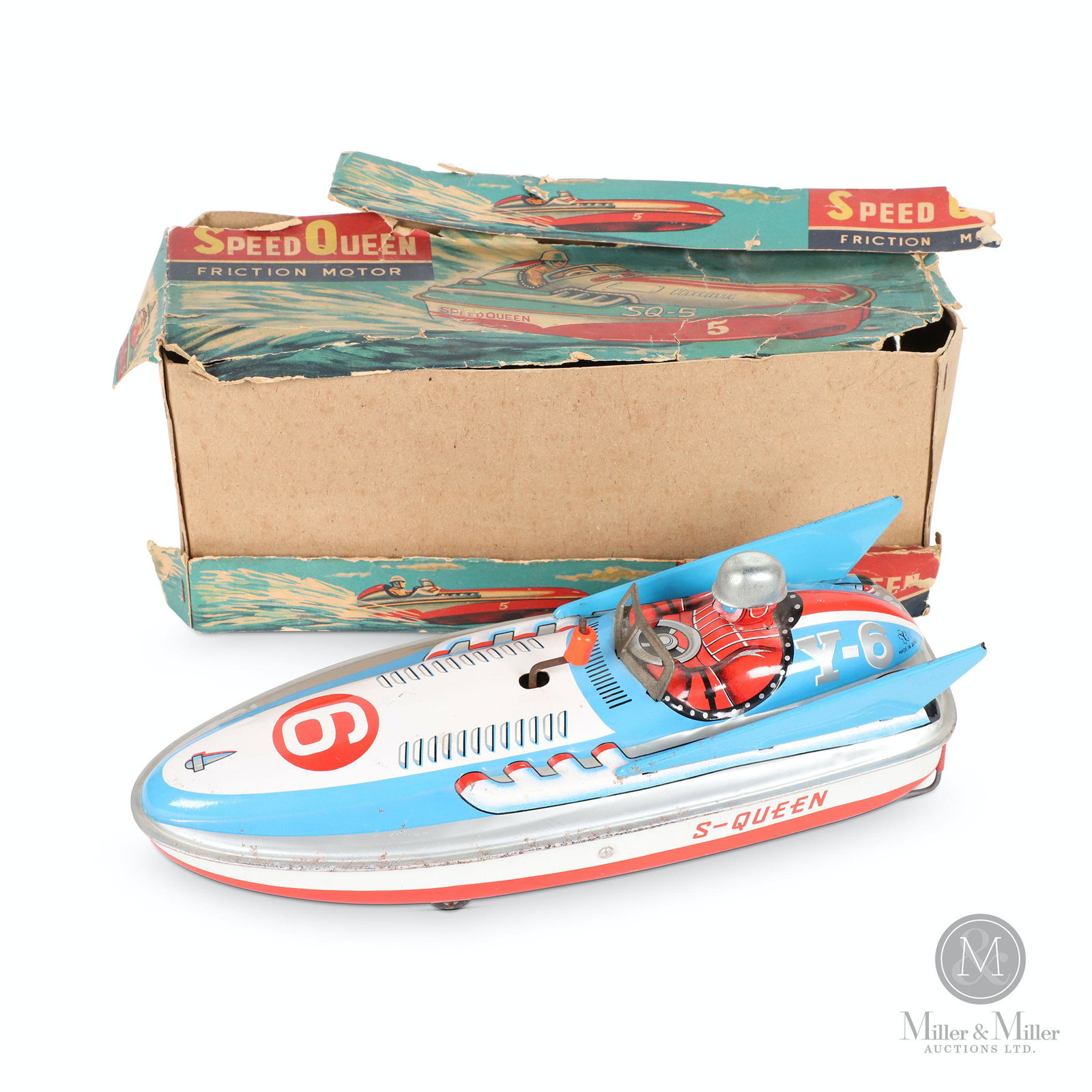 Yonezawa 'Speed Queen' Tin Litho Boat Toy: Japanese. 1950s. Lithographed tin. Marked, "Y (in leaf logo) Made in Japan", rear. Box 11.5 x 4 x 5". Box exhibits wear including missing edges, creases and splits.