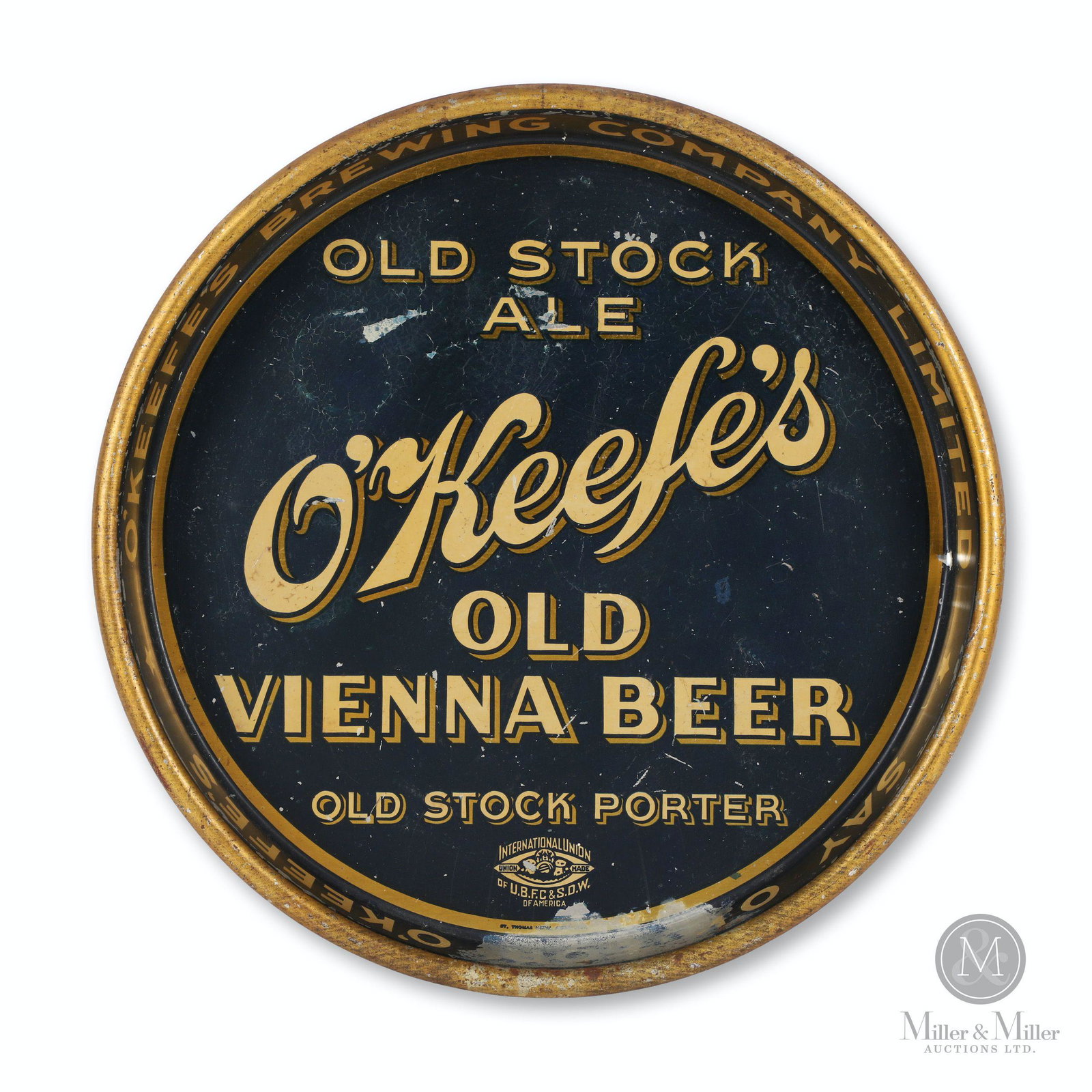 O'Keefe's Brewery Old Vienna Beer Tray: Canadian. 1940s. Lithographed tin. Marked, "St. Thomas Metal Signs LTD.", lower inner rim. 13" (diam) x 1.75" (D). Exhibits moderate surface losses, most heavily at inner edge of lower rim. Scattered 