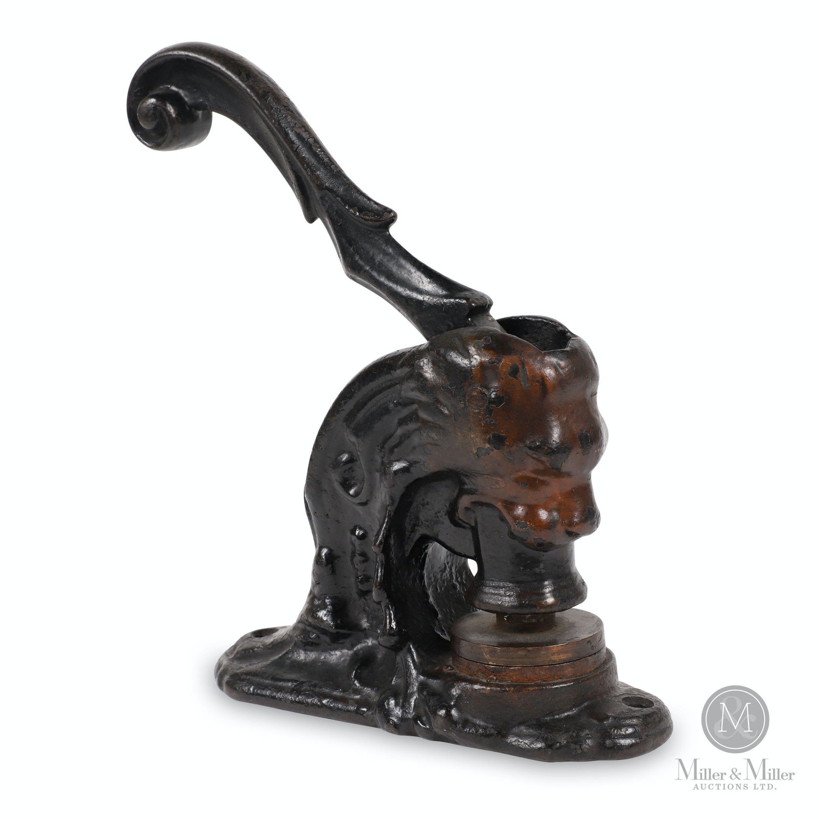 Figural Seal Press, Milton Public School Board: American. 1920. Cast iron. "Lion's head" form. Die embossed, "The Public School Board of the Town of Milton". 7 x 3 x 9" (H).