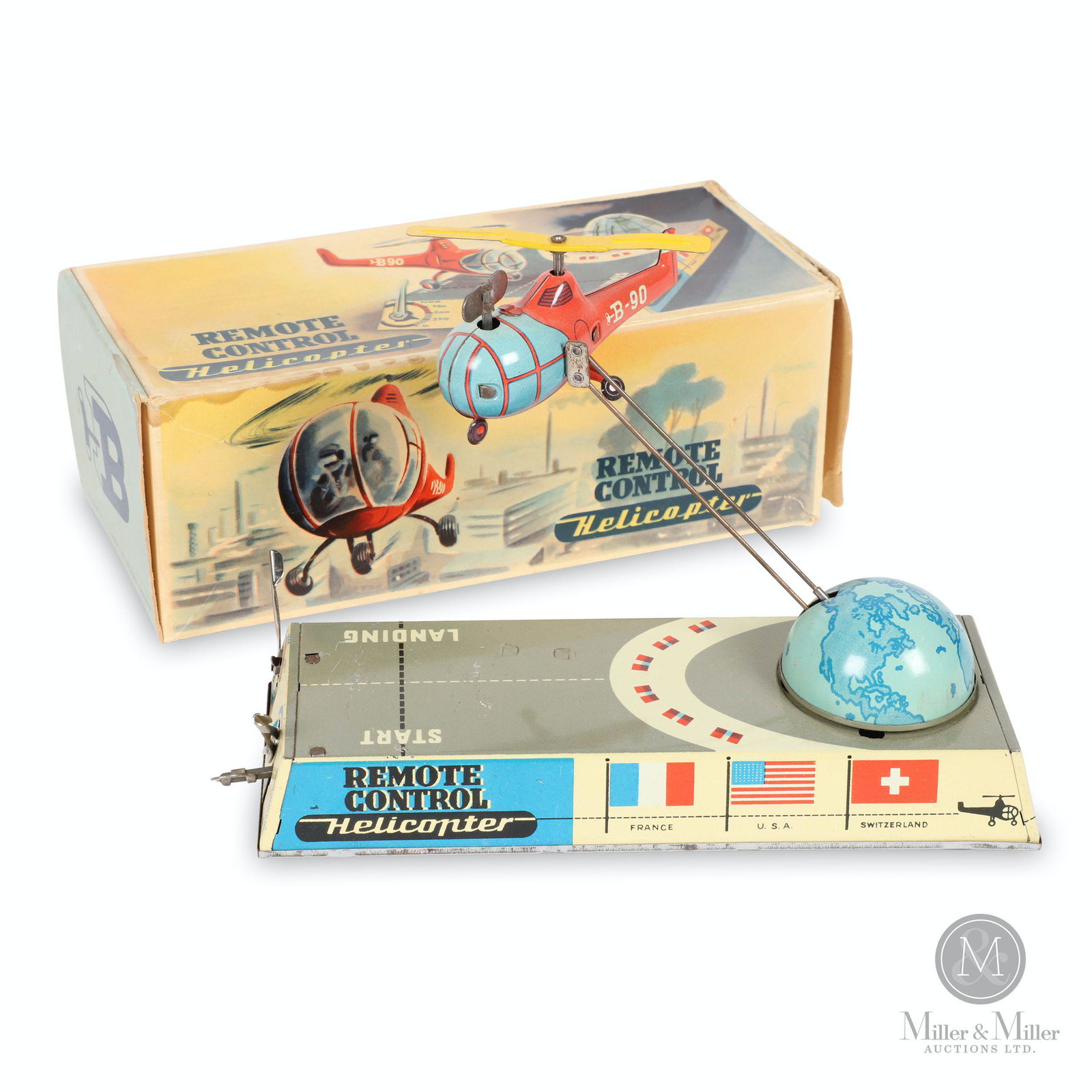 Biller Germany Helicopter Tin Litho Toy: German. 1950s. Lithographed tin. Functioning, including height-control lever. In original colour lithograph box. Marked, "D. Patent a. Made in Western Germany", side box. Marked, "Made in Western Germ