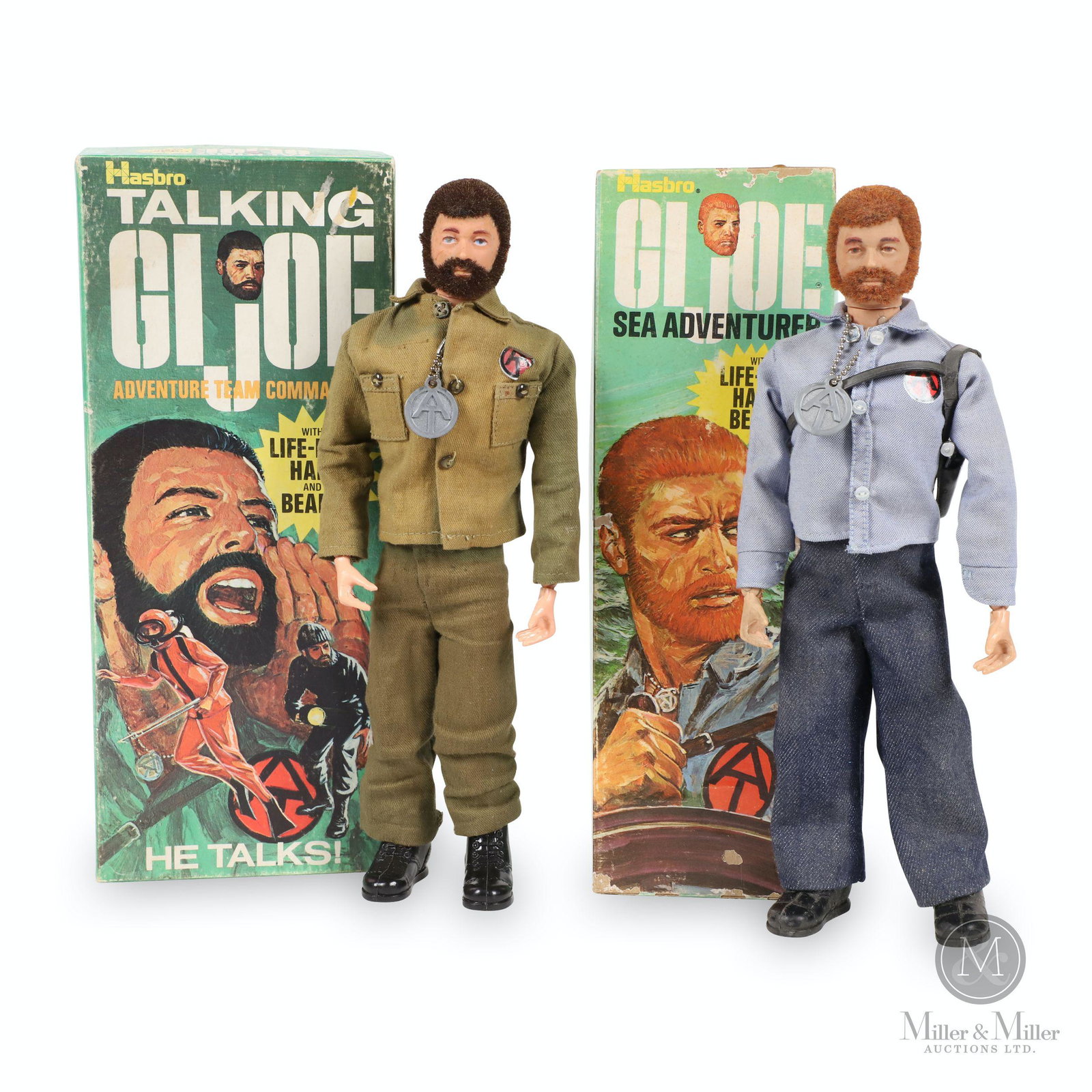 Boxed Hasbro GI Joe Action Figures: Two (2). American. 1970. Plastic, rubber. One figure features functioning talking action. Marked, "Hasbro 7400", Hasbro "7402", box ends. Boxes 12 x 5 x 2.25; 12 x 3.75 x 2". Boxes exhibit minor edge 