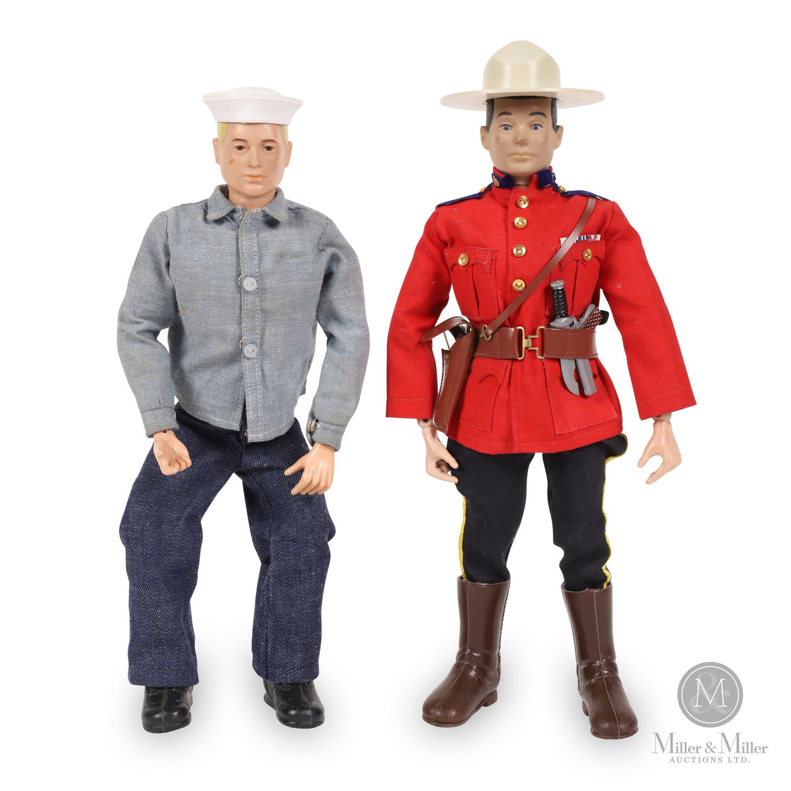 Hasbro GI Joe Action Figures: Two (2). American. 1960s. Plastic, rubber. Includes two dressed figures, one mountie and one sailor. Figures 11.5" (H). Minor soil to sailors uniform.