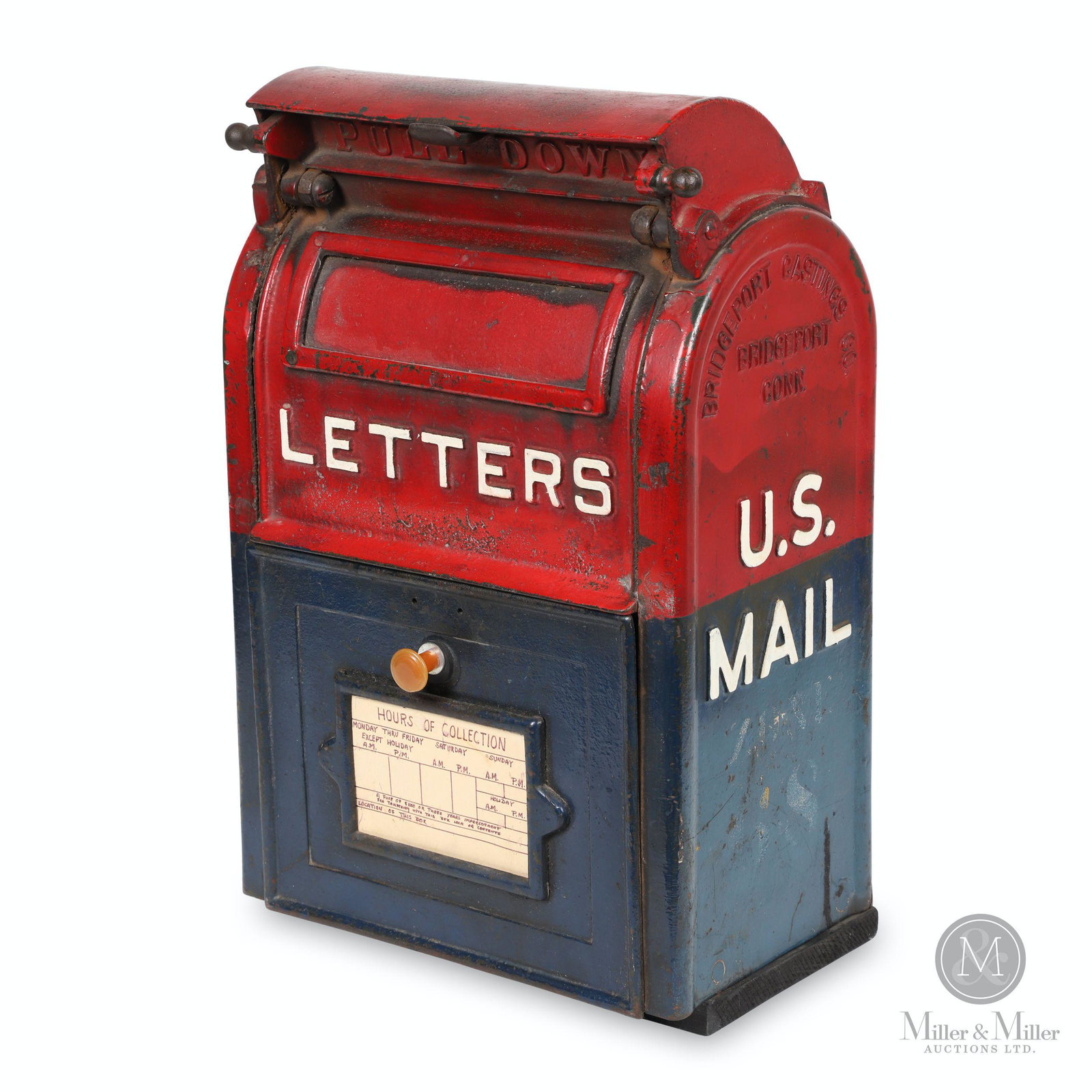 U.S. Mail Cast Iron Letter Box: American. 1930s. Cast Iron. Stamped, "Bridgeport Castings Co., Bridgeport Conn", left and right sides. 13 x 9 x 20" (H). Exhibits minor to moderate surface loss, mostly at edges. Drop box knob a bakel
