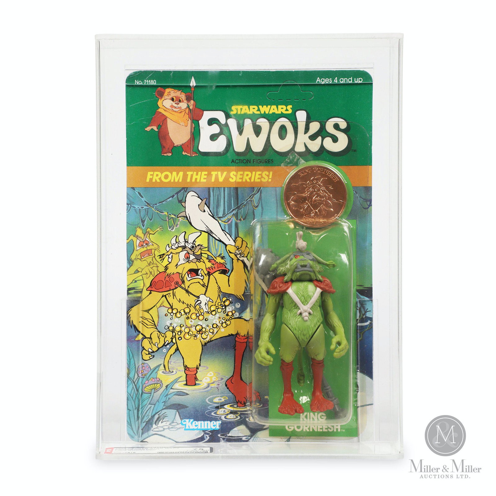 Kenner, Star Wars Ewoks "King Gorneesh" Action Figure: American. 1985. Marked, "Lucasfilm Ltd (LFL) 1985. All rights reserved. Kenner Products. A Div of CPG Products Corp., Authorized User: Kenner is a trademark of CPG Products Corp., by its Div. Kenner P