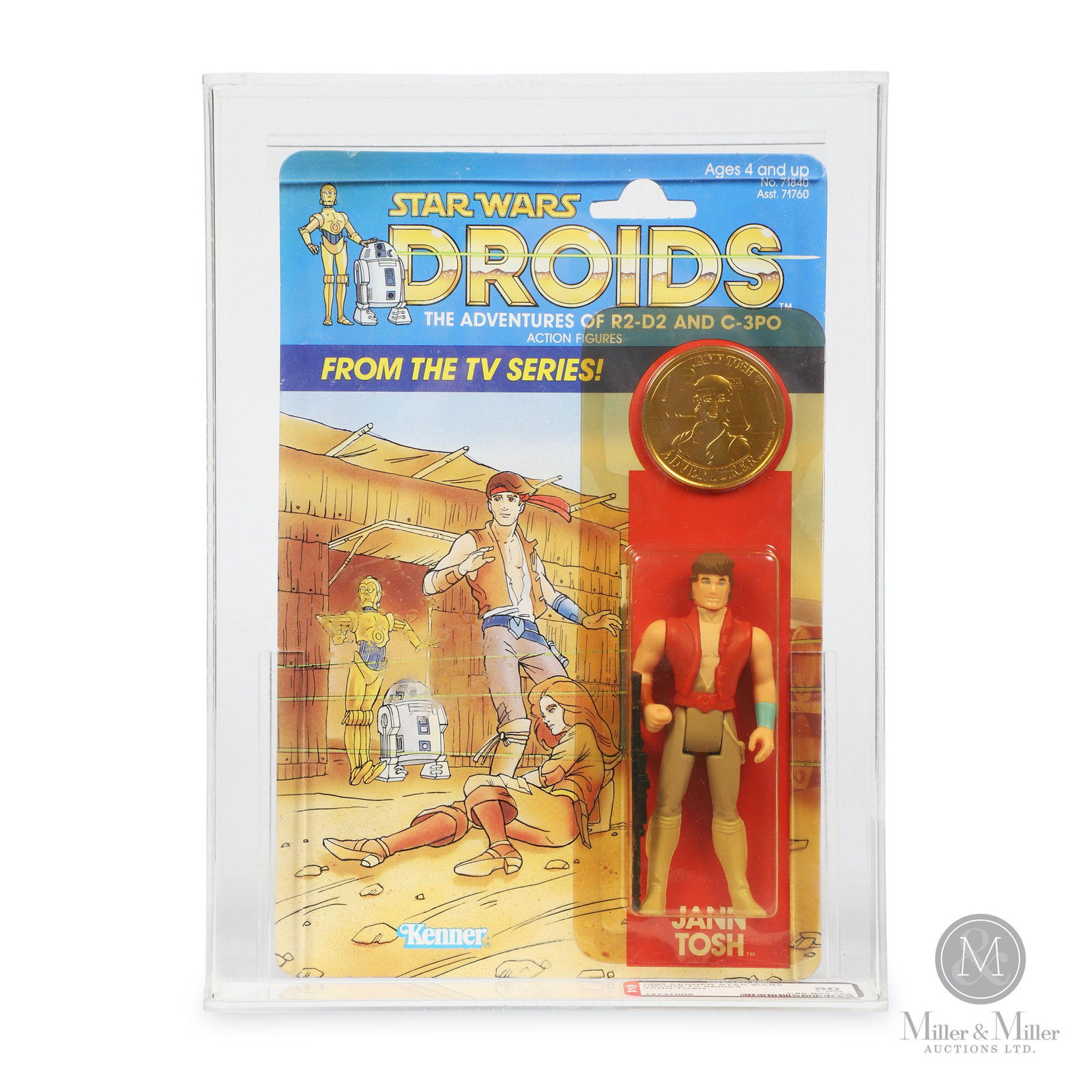Kenner, Star Wars Droids "Jann Tosh" Action Figure: American. 1985. Marked, "Lucasfilm Ltd (LFL) 1985. All rights reserved. Kenner Products. A Div of CPG Products Corp., Authorized User: Kenner is a trademark of CPG Products Corp., by its Div. Kenner P