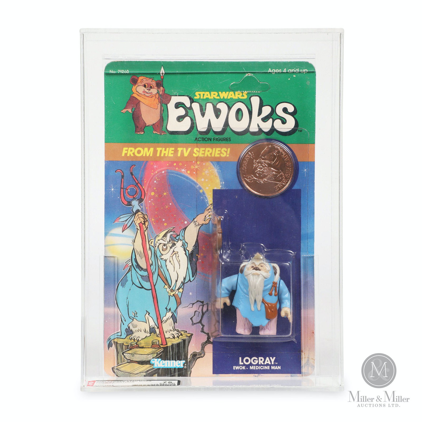 Kenner, Star Wars Ewoks "Logray" Action Figure: American. 1985. Marked, "Lucasfilm Ltd (LFL) 1985. All rights reserved. Kenner Products. A Div of CPG Products Corp., Authorized User: Kenner is a trademark of CPG Products Corp., by its Div. Kenner P