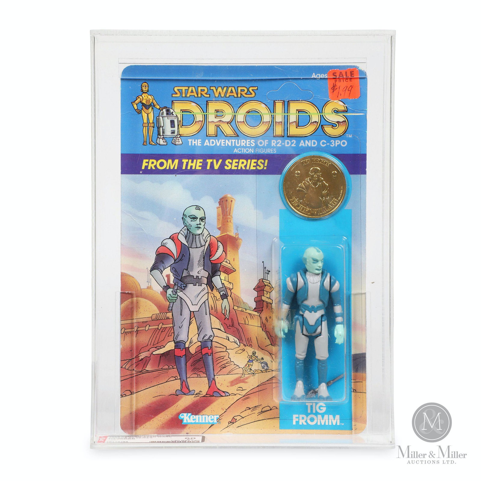 Kenner, Star Wars Droids "Tig Fromm" Action Figure: American. 1985. Marked, "Lucasfilm Ltd (LFL) 1985. All rights reserved. Kenner Products. A Div of CPG Products Corp., Authorized User: Kenner is a trademark of CPG Products Corp., by its Div. Kenner P