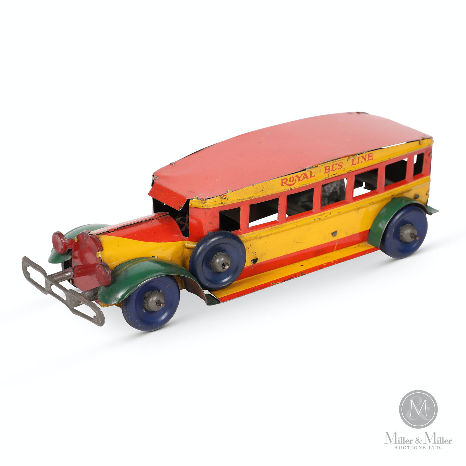 Marx 'Royal Bus Line' Tin Litho Bus Toy: American. 1930s. Lithographed tin. Features four colour lithography. Marked, "MAR TOYS", rear. 10 x 4 x 3" (H). Exhibits minor surface scratches and losses, especially at tabs.