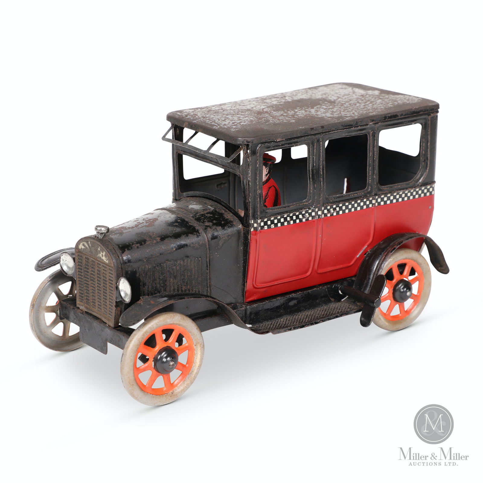 Bing Tin Litho Checker Taxi Cab Toy: German. 1920s. Lithographed tin. Wind-up mechanism. Includes tin litho driver. Stamped, "INT. REG. TRADEMARK, MADE IN GERMANY", bottom. Marked "int. reg. TRADEMARK", rear above wheel. 9.5 x 4 x 5" (H)