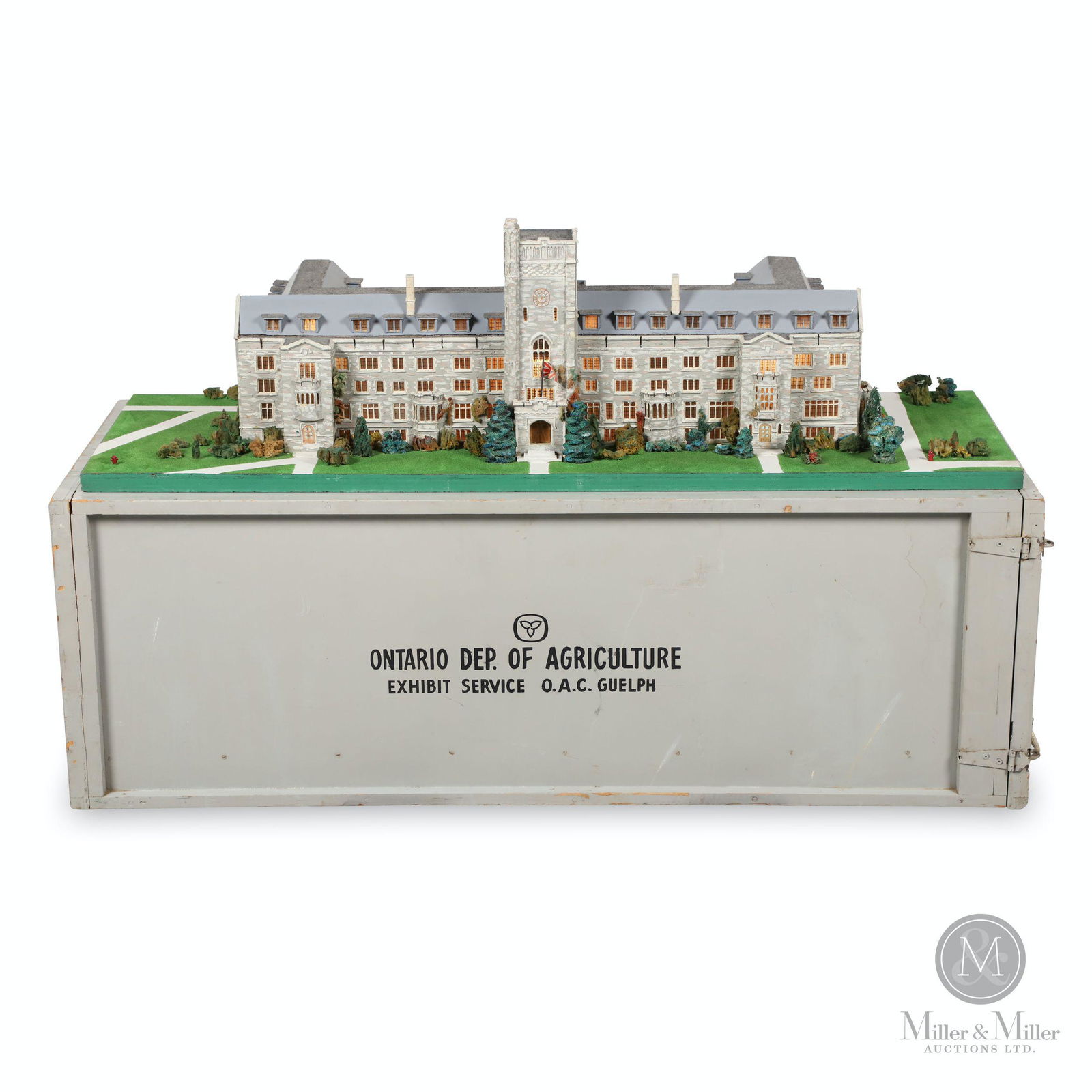 Ontario Agricultural College Architectural Model of: Canadian. 1940s. Painted wood composition with mixed material foliage. In original fitted transportation crate. Crate marked, "Ontario Dep. of Agriculture Exhibit Service O.A.C. Guelph / Administratio