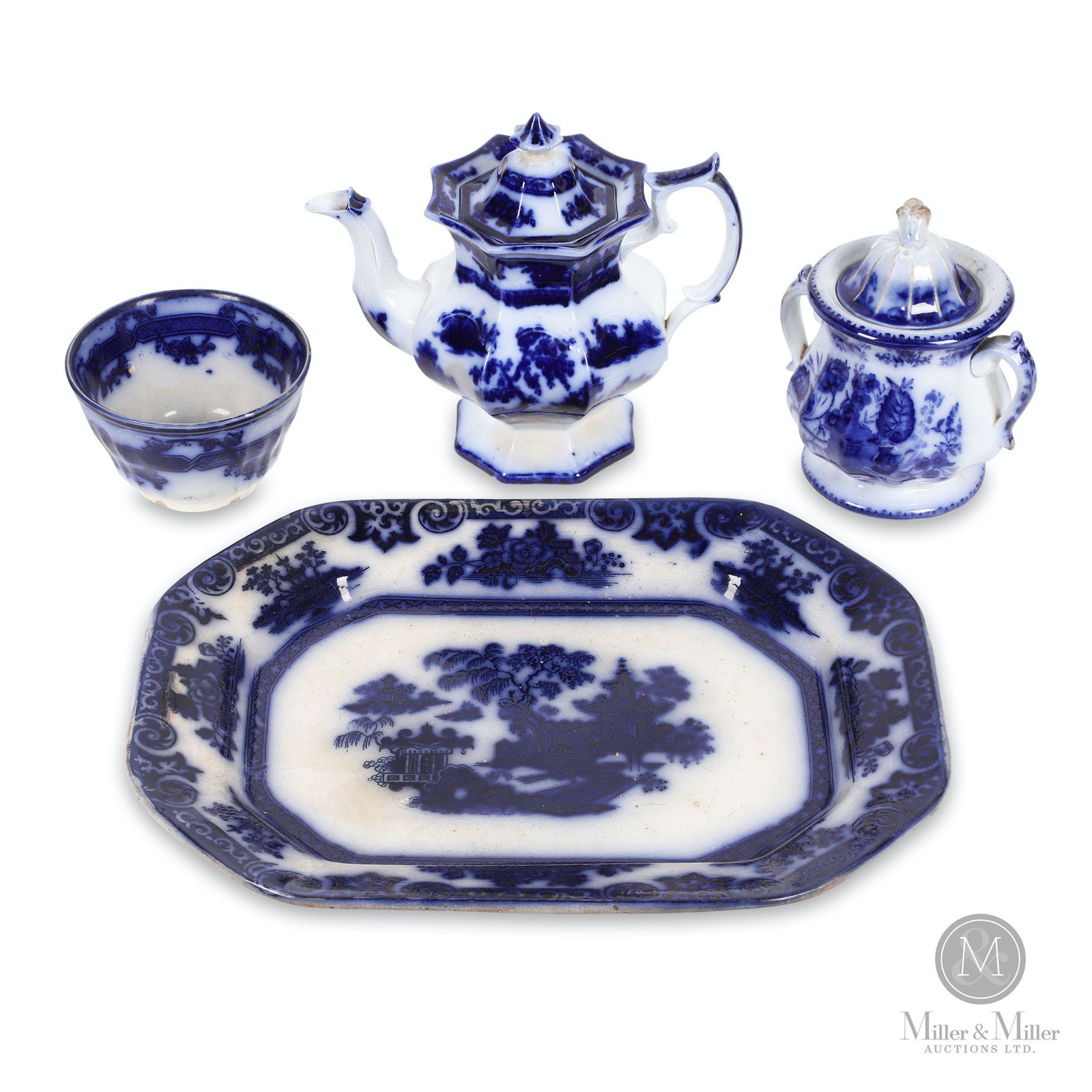 Wedgwood, Petrus Regout Flow Blue Tea Set and Platter: Four (4). English. 1850s. Marked, "Ironstone Chapoo J. Wedgwood & HONC Ironstone" undersides. 13.5 x 17.5"; 10 x 10 x 6.5"; 8 x 7 x 6"; 3.5 x 6 x 6". Repair to knob on teapot lid, repairs to platter,