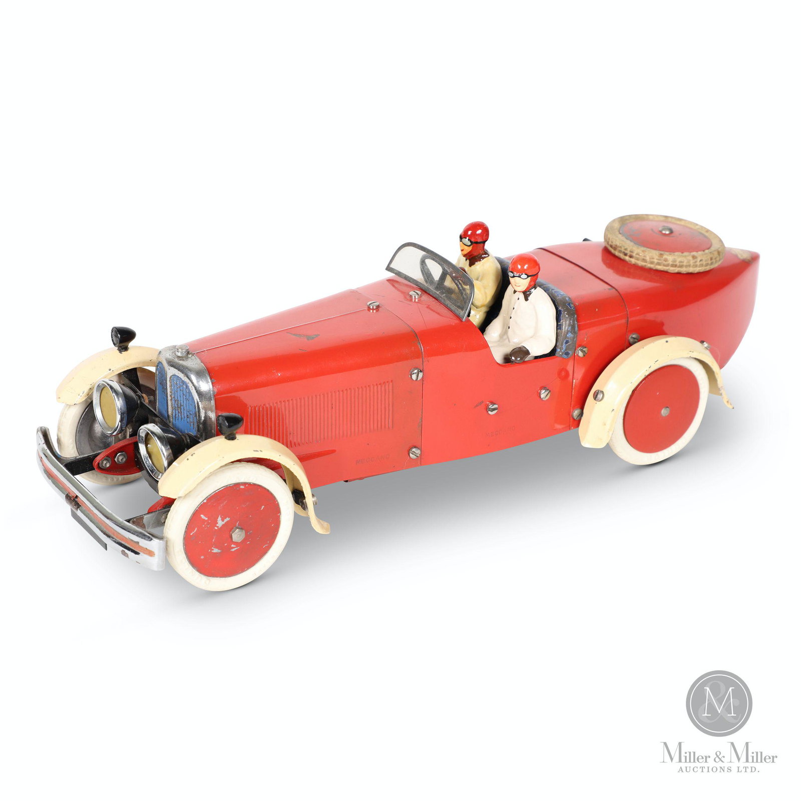 Meccano No. 2 Constructor Toy Car: English. 1929. Pressed steel. Includes additional boxed grille, interchangeable fenders, running boards and tail end. Marked, "Made in England - Meccano Ltd. Liverpool - Fabrique En Angleterre" rear. 