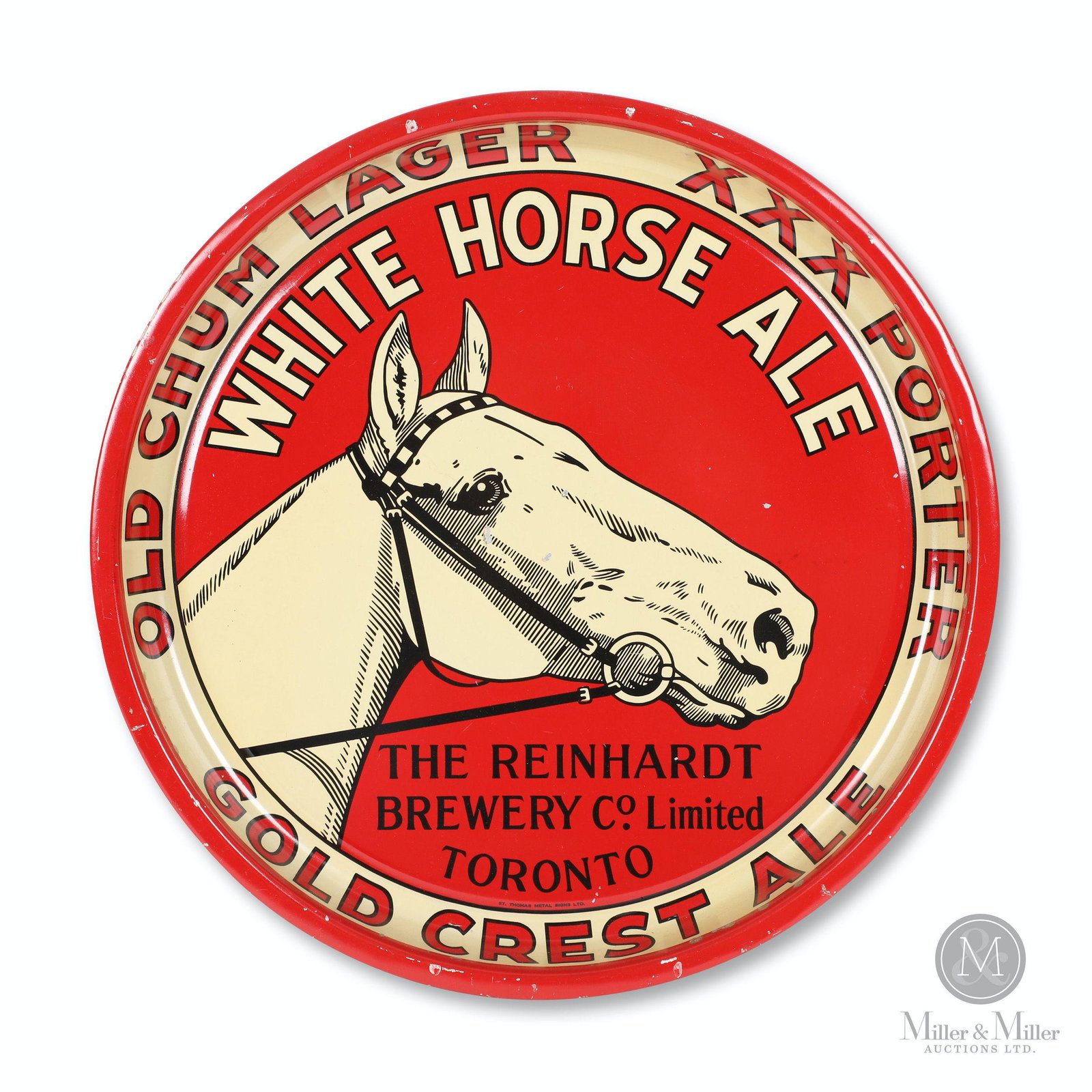 Reinhart's Brewery White Horse Ale Beer Tray: Canadian. 1930s. Lithographed steel. Marked, "St. Thomas Metal Signs LTD.", lower inner rim. 13" (diam) x 1.25" (D). Exhibits scattered minor spots of surface loss, mostly found at inner rim.