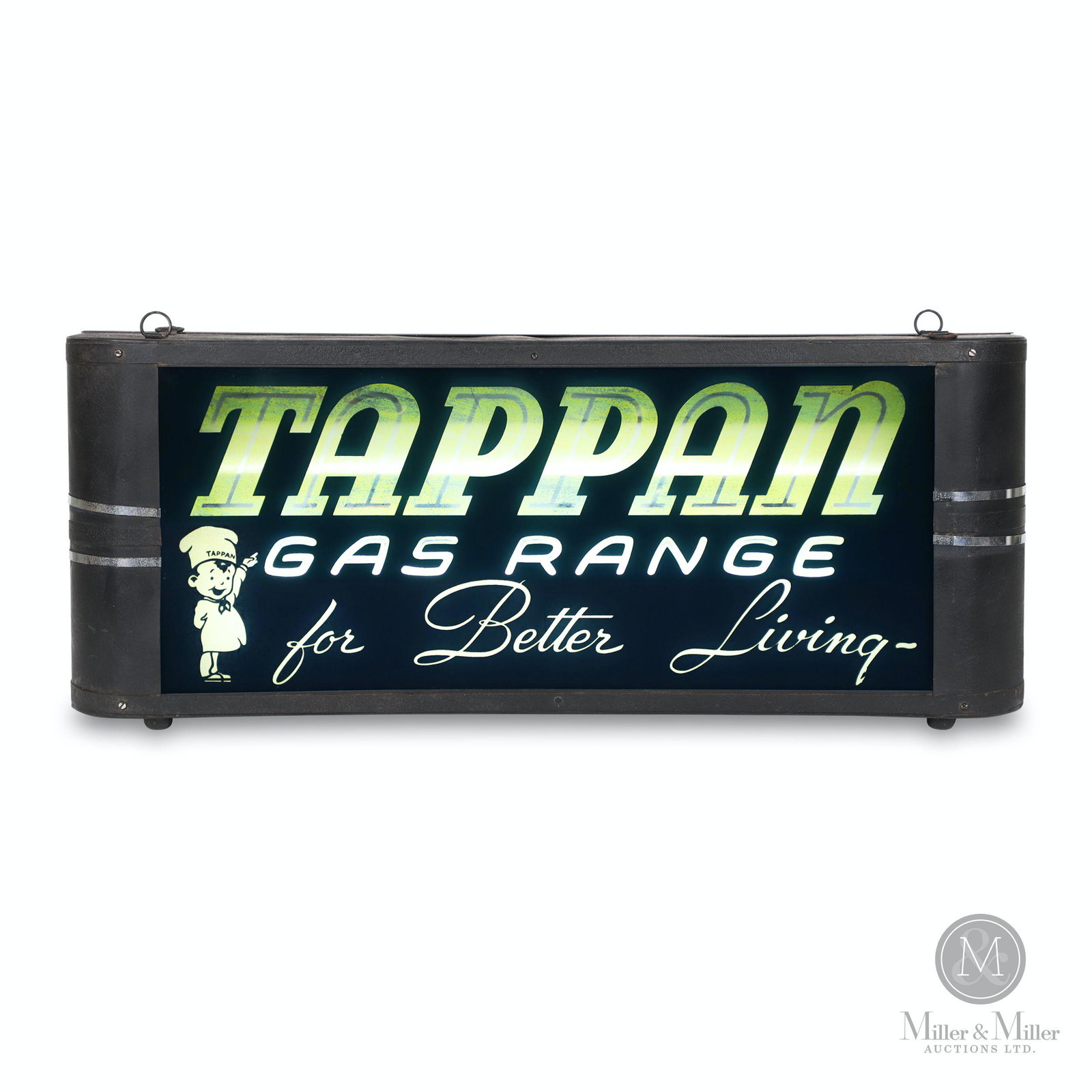 Tappan Gas Ranges Lighted Sign: American. 1940s. Powder coated steel case, reverse painted glass case. Features reverse painted glass panel in art deco shadow box case. Marked, "Neon Products, Lima, Ohio", decal, rear. 26.5 x 10.5 x