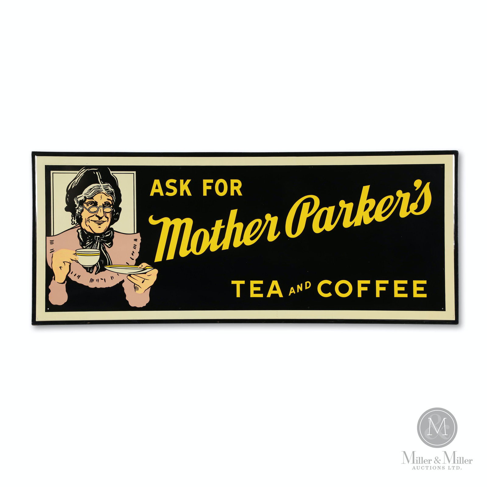 Mother Parkers Tea and Coffee Tin Litho Sign: Canadian. 1950s. Single-sided lithographed tin, embossed border. Marked, St. Thomas Metal Signs Ltd., St. Thomas, Ont", rear edge. 19 x 47.5".