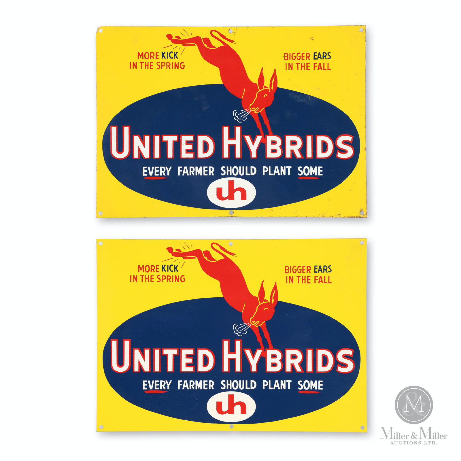 United Hybrids Corn Tin Litho Signs: Two (2). Canadian. 1940s. Single-sided lithographed metal. 10 x 14". Each exhibits very minor edge oxidation. Upper left corner of one sign exhibits minor bend.