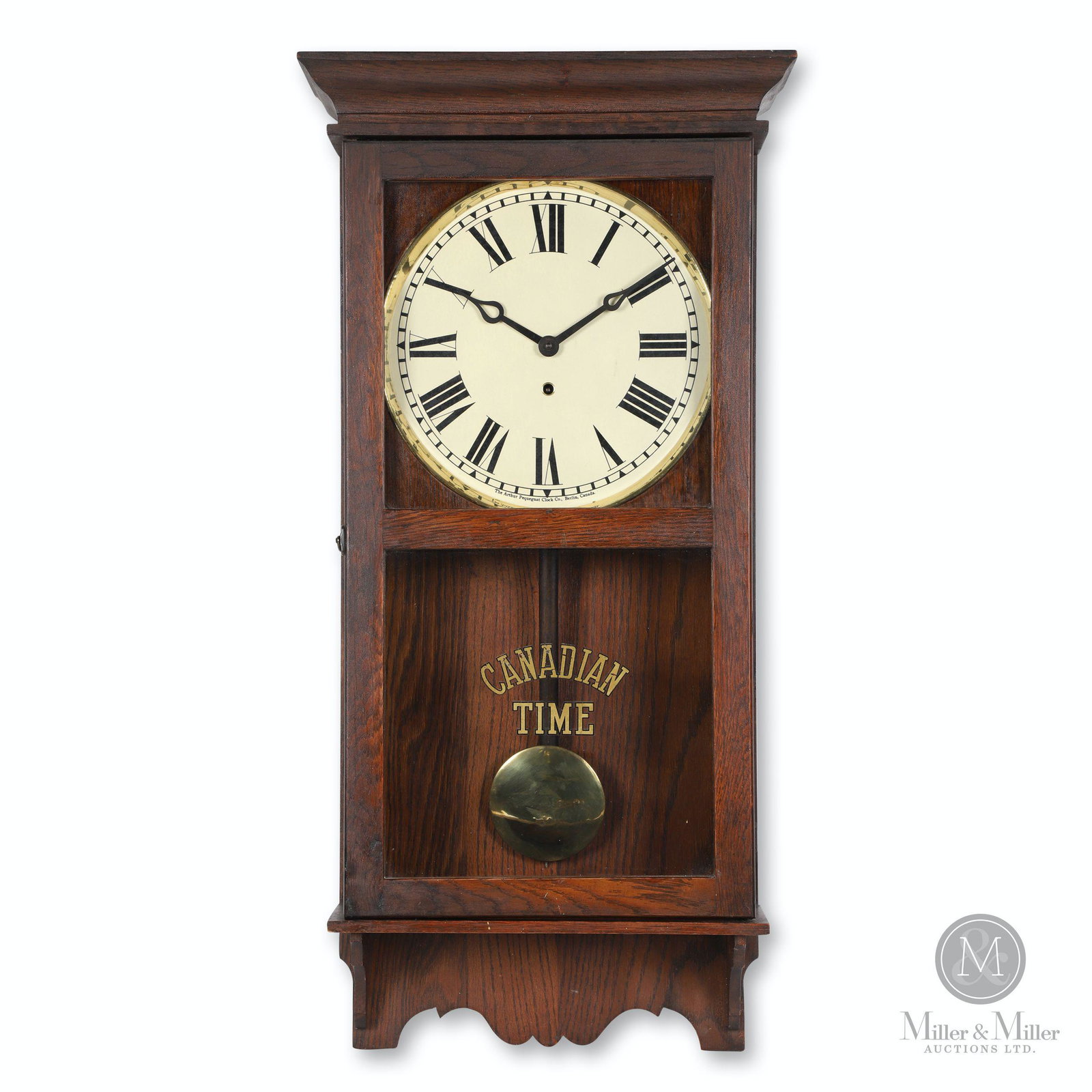 Pequegnat "Canadian Time" Wall Clock: Canadian. 1910s. Quarter sawn oak case. Eight-day time and strike movement. Dial signed, "The Arthur Pequegnat Clock Co., Canada", lower edge. 36 x 17.5 x 5.5". Replacement replica dial. Replacement d