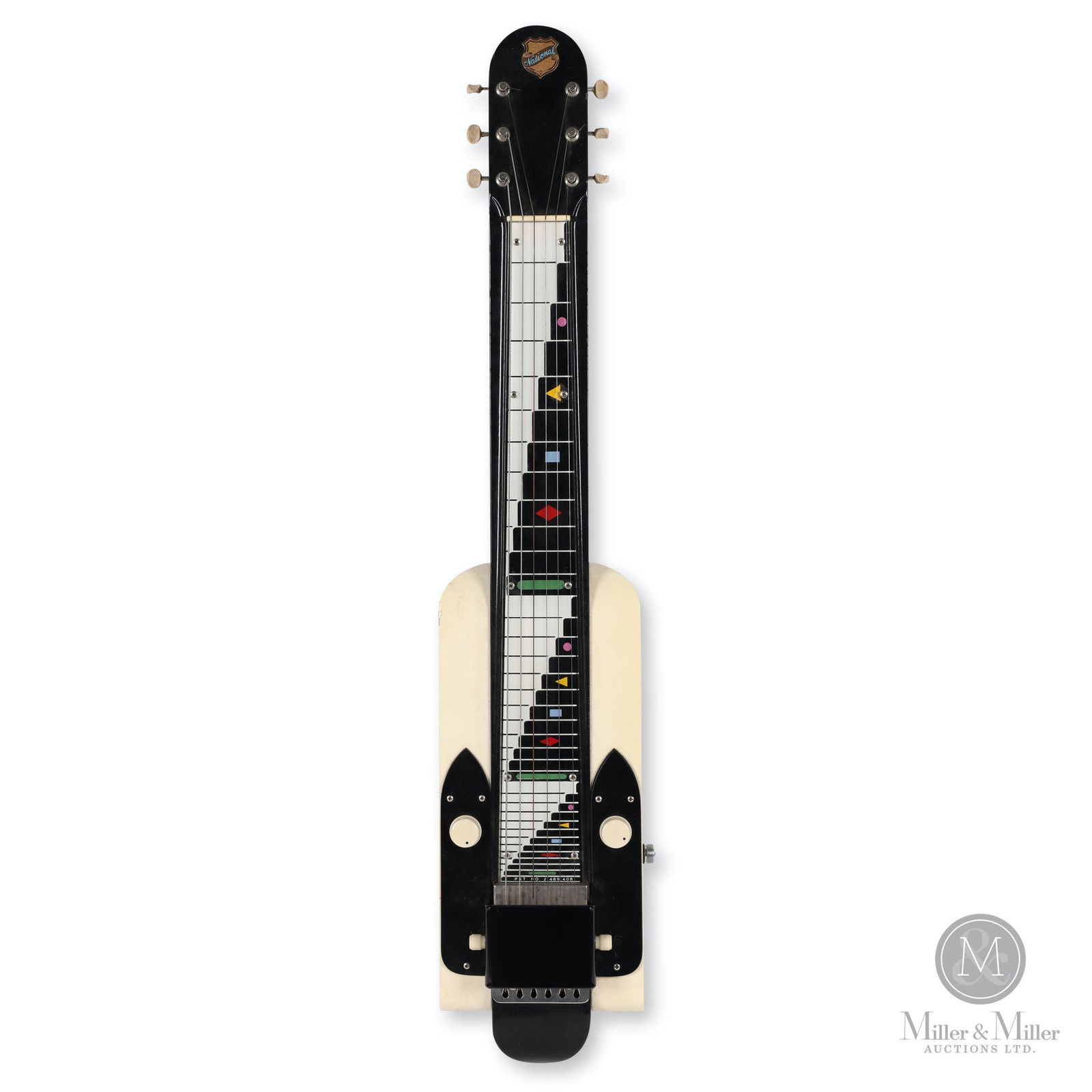 1956 National "Dynamic" Lap Steel: American. 1956. Painted wood, acrylic, metal. Retained in original fitted vinyl case. Tagged, "National Trade Mark", head stock. Marked, "Pat No. 2, 489, 408", above pickup. Rear tagged with serial nu