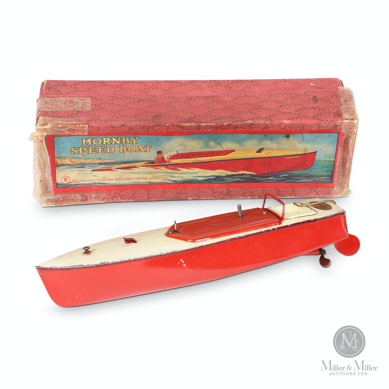 Meccano Hornby Speedboat #2 'Swift' Toy: English. 1930s. Pressed steel. Clockwork motor. Includes original graphic box, model specific instructions, key, pull string. Decalled, "Manufactured in England - Hornby - Meccano Ltd., Liverpool". 12
