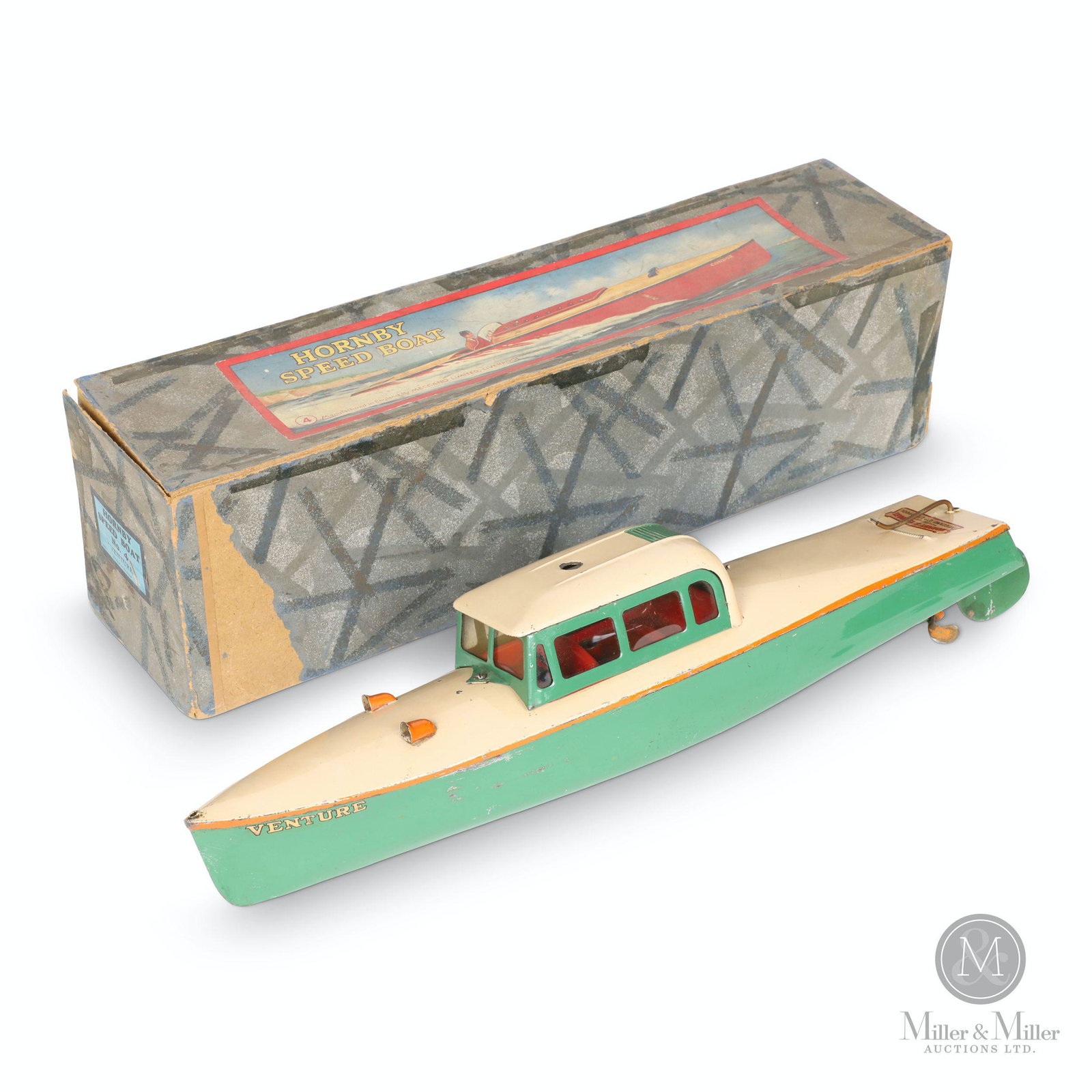 Meccano Hornby Speedboat #4 'Venture' Toy: English. 1930s. Pressed steel. Clockwork motor. Includes operation instructions (reprint), additional purchase ephemera. Decalled, "Manufactured in England - Hornby - Meccano Ltd., Liverpool". 16 x 3.