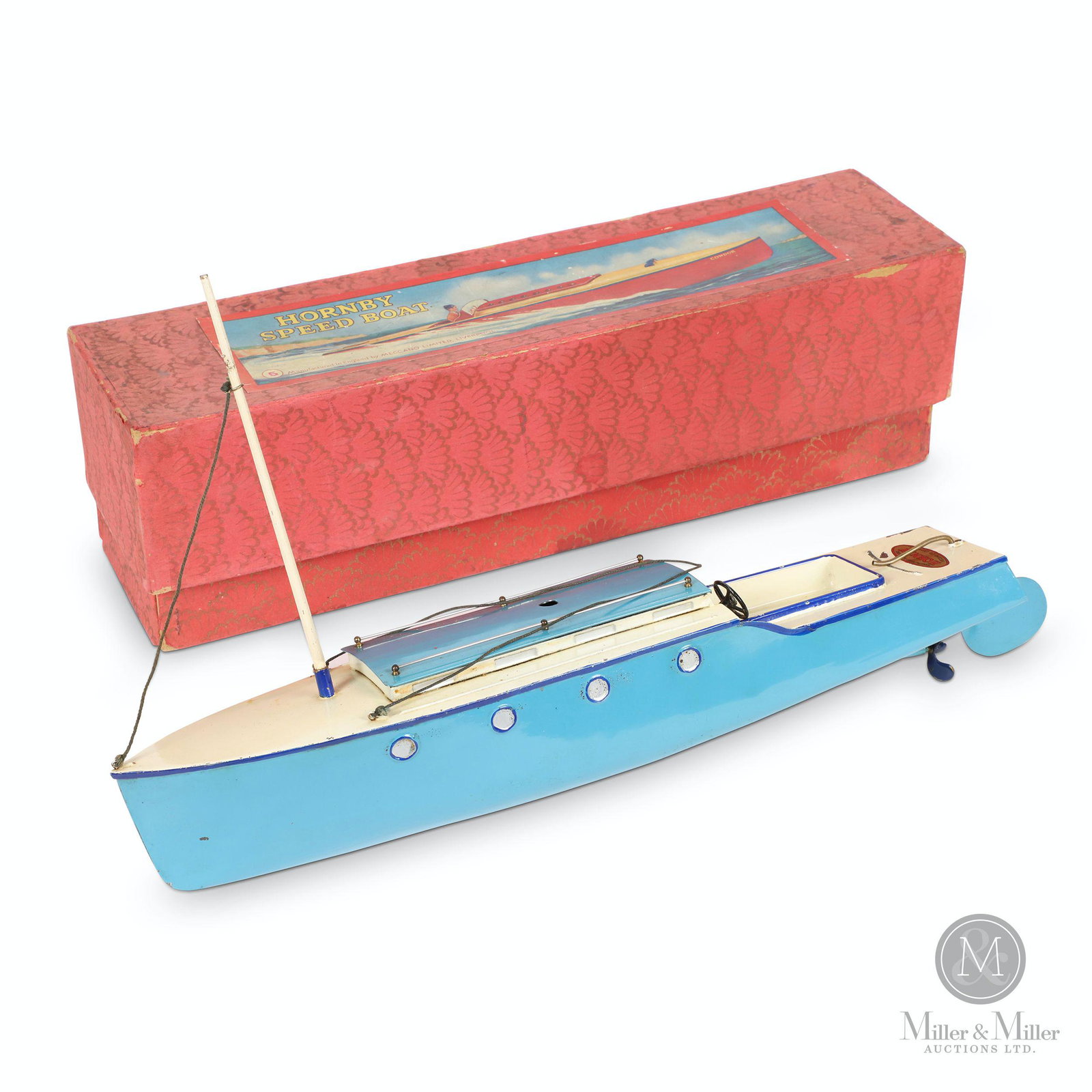 Meccano Hornby Speedboat #5 'Viking' Toy: English. 1930s. Pressed steel. Clockwork motor. Includes original purchase literature. Decalled, "Manufactured in England - Hornby - Meccano Ltd., Liverpool". 16.5 x 3.5 x 4". Mechanically functioning