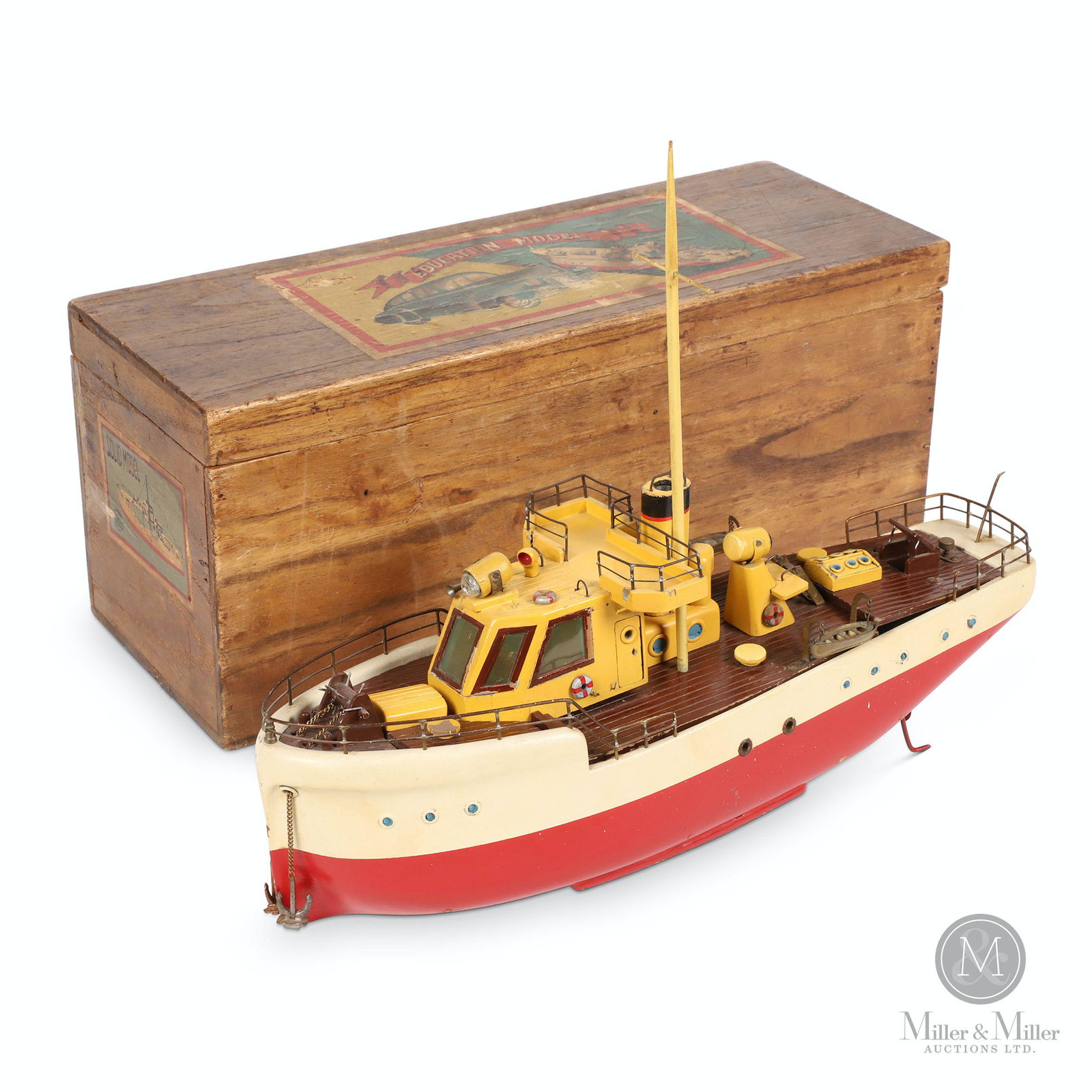 Tokyo Towa Educational Model Tugboat: Japanese. 1940s. Painted solid wood. Complete with original box. Features battery-operated propellor, lights and functioning anchors. Marked, "Tokyo Towa Education Model", side labels on box. 17.5 x 5
