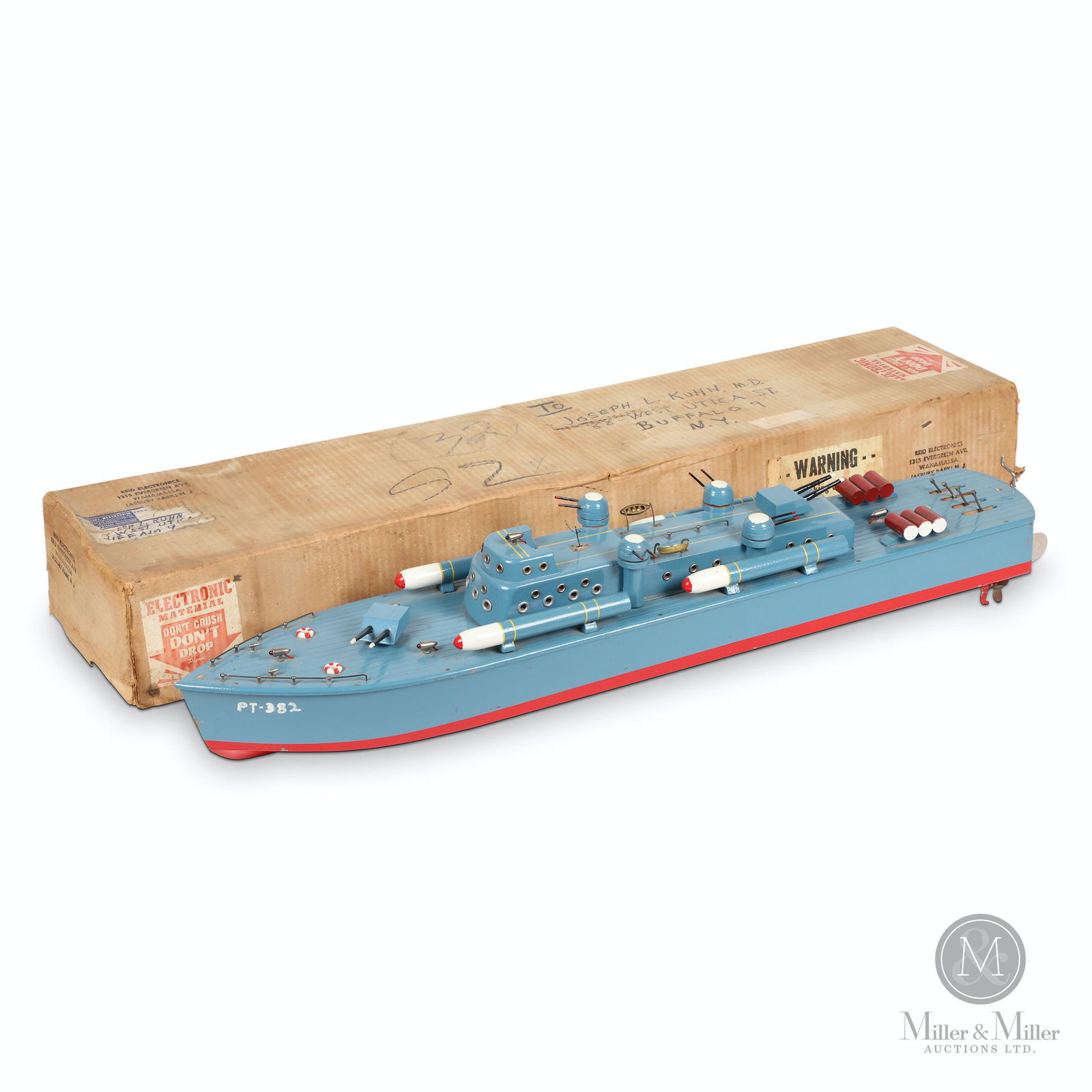 Model Shipways PT-382 Model Boat: American. 1960s. Painted wood. Includes assorted additional screws and parts. Features battery-operated propellor, ballast and lights. Box 38.5 x 8.5 x 6".