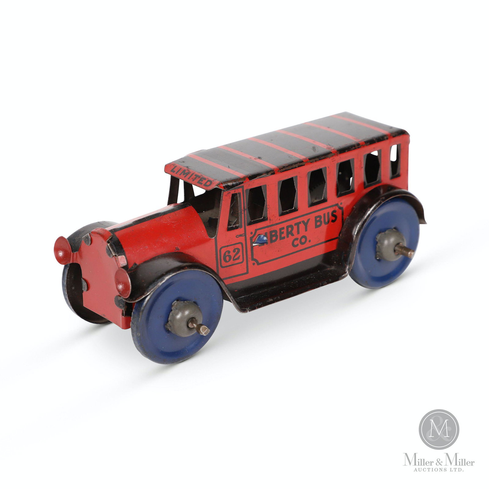 Marx Inertia Liberty Bus Tin Litho Toy: American. 1930s. Lithographed tin. Inertia driven mechanism. Marked, "MAR TOYS", rear. 5 x 2.5 x 2" (H). Exhibits very fine surface scratches. Light oxidation to interior.