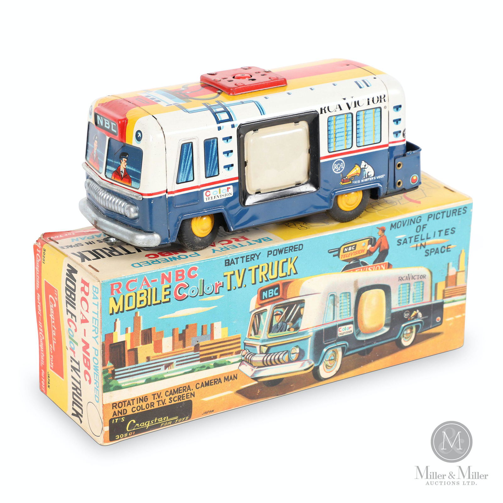 Cragstan Mobile Color T.V. Truck Tin Litho Toy: Japanese. 1950s. Lithographed tin. In original multi-colour graphic box. Features RCA and NBC branding. Includes detachable roof-mounted cameraman. Marked, "Cragstan Corporation, Japan" box, "Y" in le