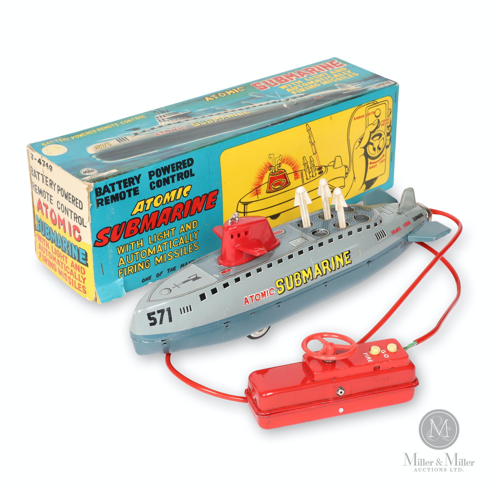Linemar Atomic Submarine Tin Litho Toy: Japanese. 1950s. Lithographed tin. Battery-operated. Includes 3 plastic projectile torpedoes. In original colour lithograph graphic box. Marked, "Linemar Toys - Japan - Linemar Co., Inc.", box and toy