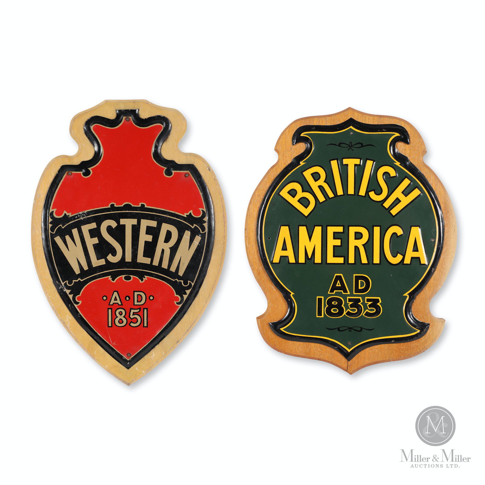 Western & British America Insurance 'Fire Mark' Signs: Two (2). Canadian. 1950s. Single-sided lithographed tin, embossed. Mounted to wood backing. Western back pasted with "History of the Fire Mark". 10.5 x 8.25"; 11.25 x 7.75". Each exhibits very minor s