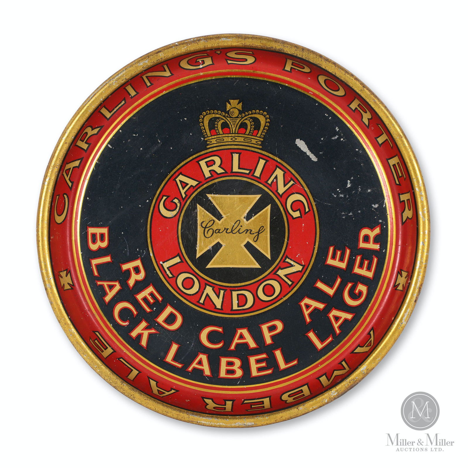 Carling's Brewery Red Cap Ale Beer Tray: Canadian. 1940s. Lithographed tin. 13" (diam) x 1.25" (D). Exhibits scattered minor surface losses.